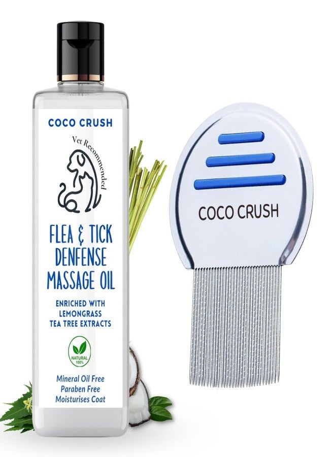 Coco Crush 100% Natural Flea & Tick Defense Massage Oil with Steel Comb | for All Types of Dogs & Cats | Anti Itch Oil with Coconut, Neem & Lemongrass | 100% Pure, Organic, Paraben Free (100ML + Comb) - Image 1